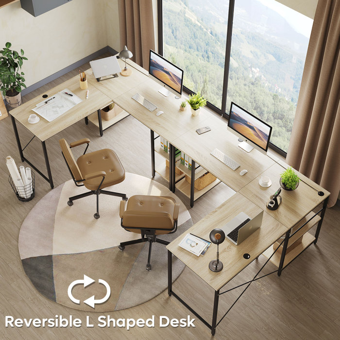 17 Stories Fortson 95.2" L Shaped Desk with Shelves, Reversible Corner